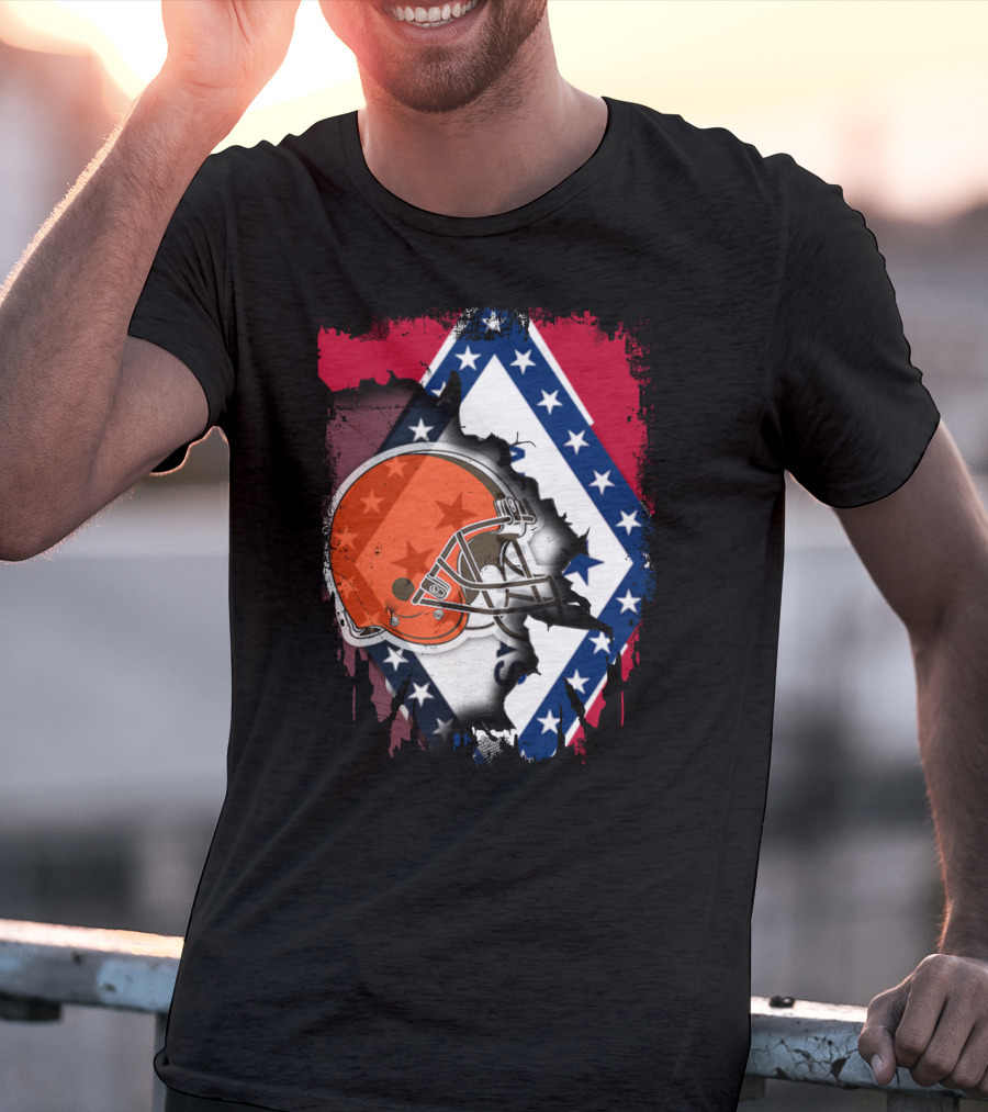 Together Arkansas Flag Tattered With Browns Helmet T-Shirt