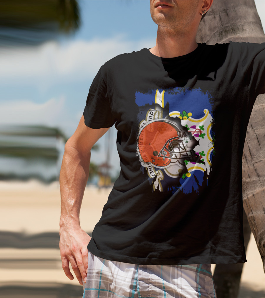 Cleveland Browns Helmet Over Connecticut State Flag T-Shirt