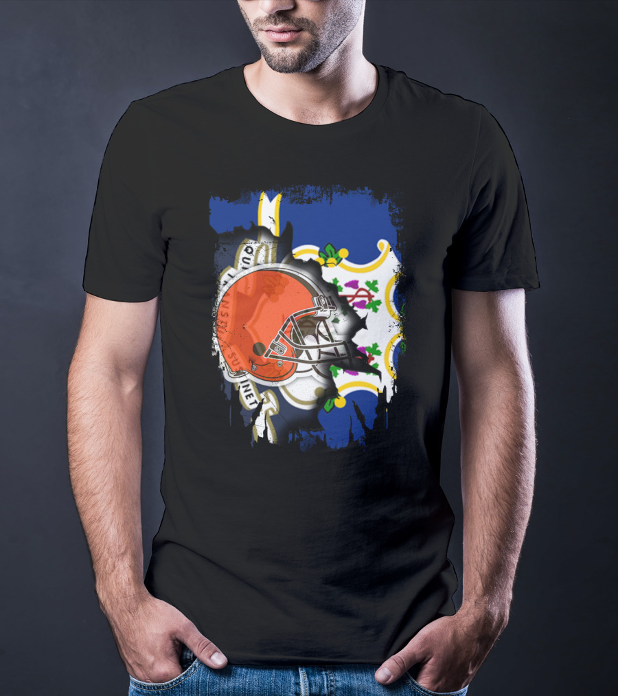Cleveland Browns Helmet Over Connecticut State Flag T-Shirt