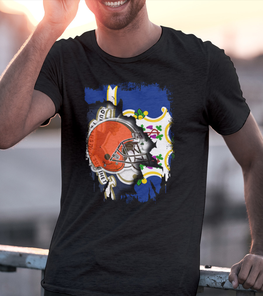Cleveland Browns Helmet Over Connecticut State Flag T-Shirt