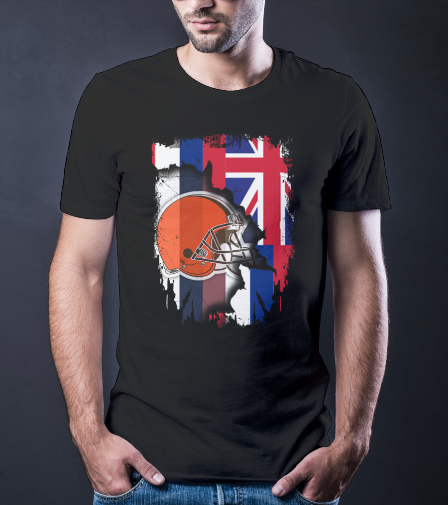 Hawaii Collaboration With Cleveland Browns Helmet And Flag T-Shirt