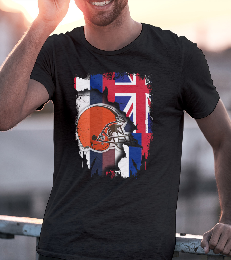 Hawaii Collaboration With Cleveland Browns Helmet And Flag T-Shirt