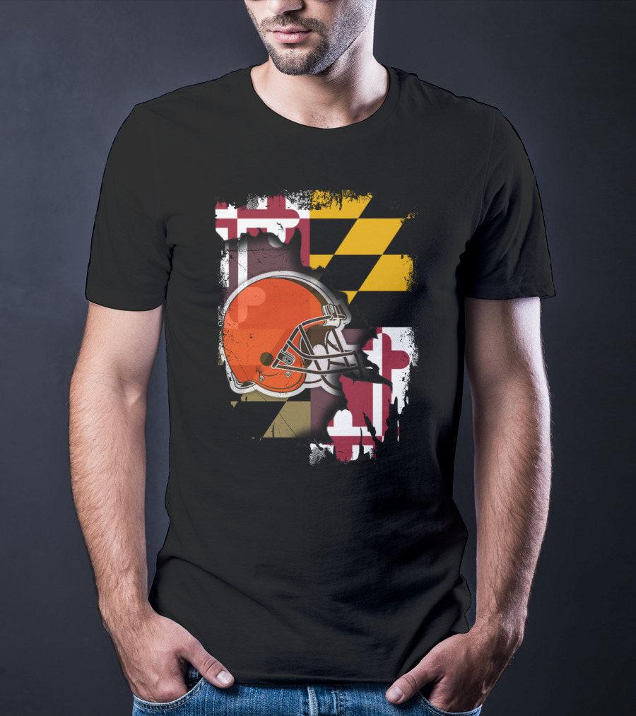 Maryland Flag With Cleveland Browns Helmet T-Shirt