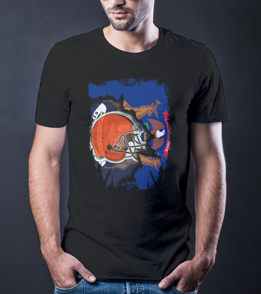 Michigan State Seal Behind Cleveland Browns Helmet Football T-Shirt