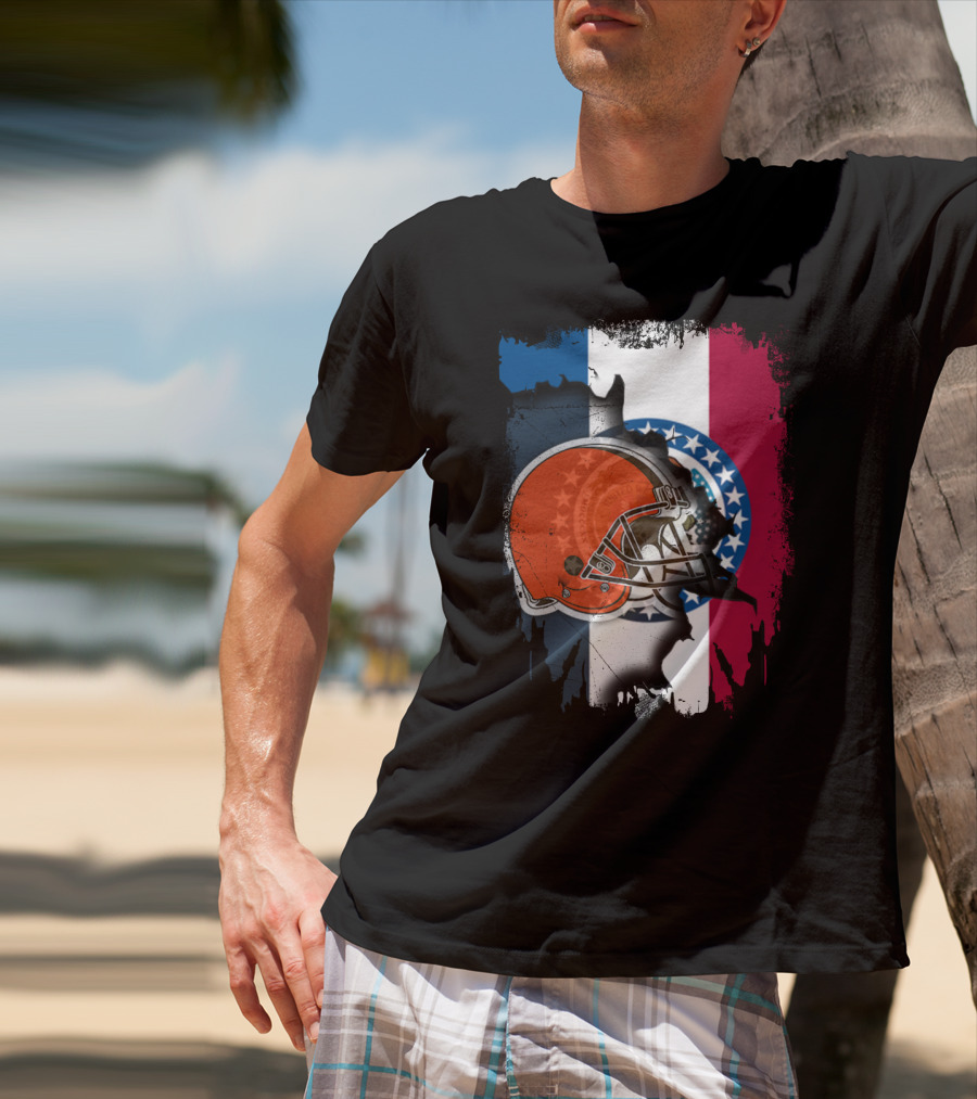 Cleveland Browns Helmet Over Missouri Flag Background T-Shirt