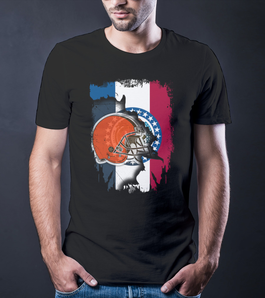 Cleveland Browns Helmet Over Missouri Flag Background T-Shirt