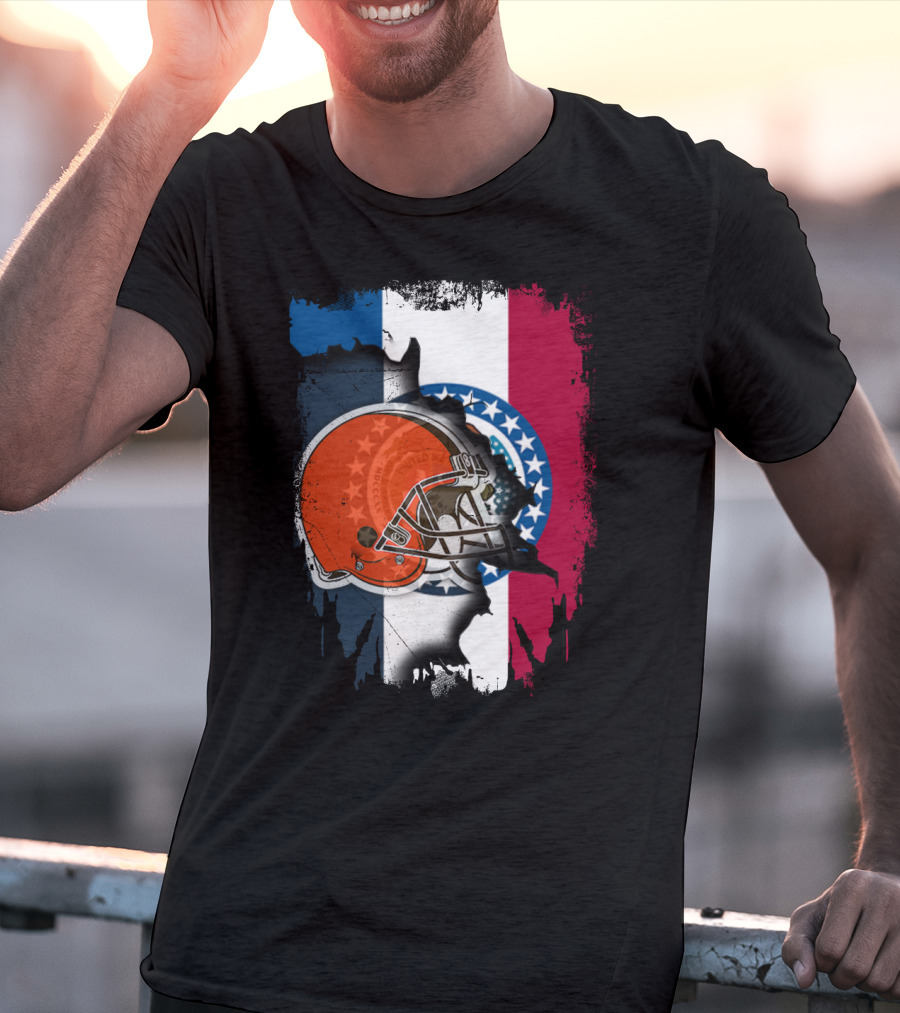 Cleveland Browns Helmet Over Missouri Flag Background T-Shirt
