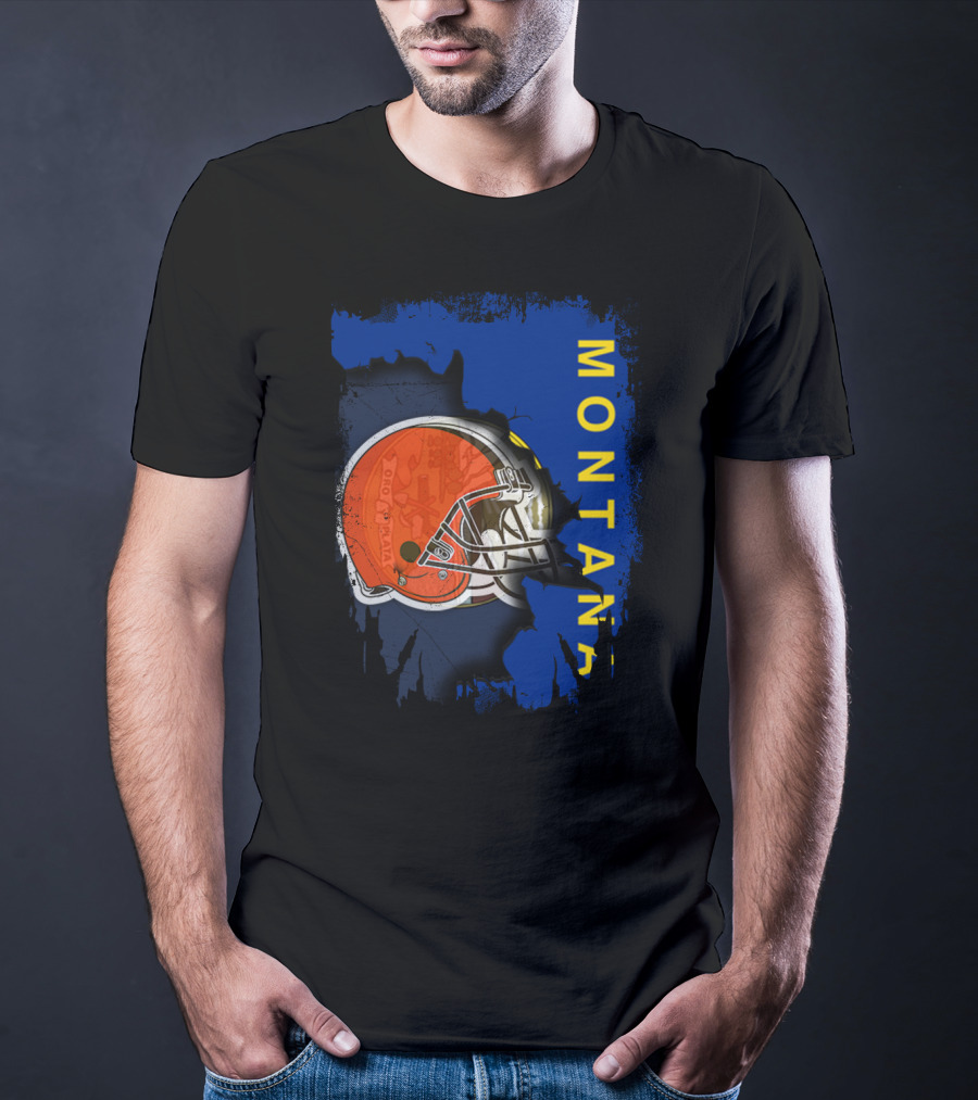 Montana Collaboration With Orange Football Helmet Browns Connection T-Shirt
