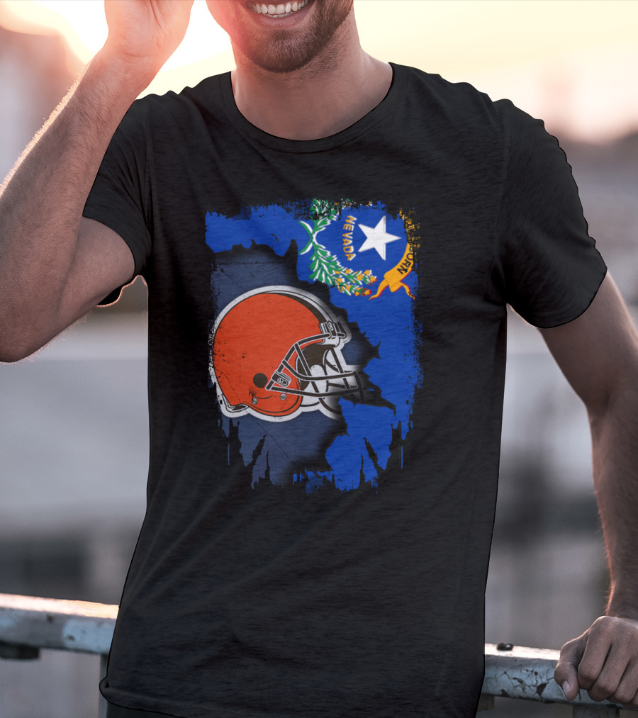 Nevada State Flag With Cleveland Browns Helmet Fusion T-Shirt