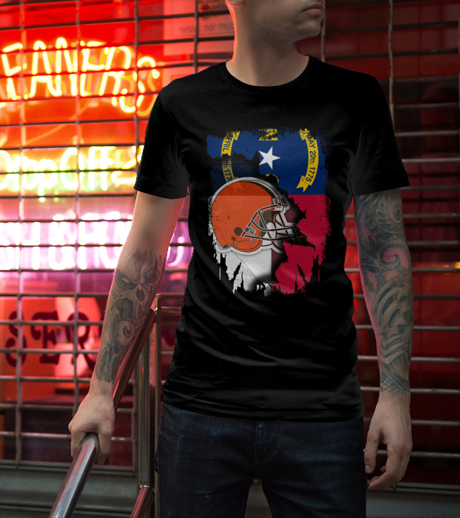 North Carolina State Flag Blended With Cleveland Browns Helmet T-Shirt