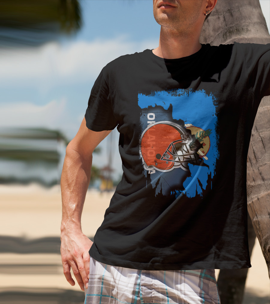 Oklahoma Browns Helmet Over State Flag T-Shirt