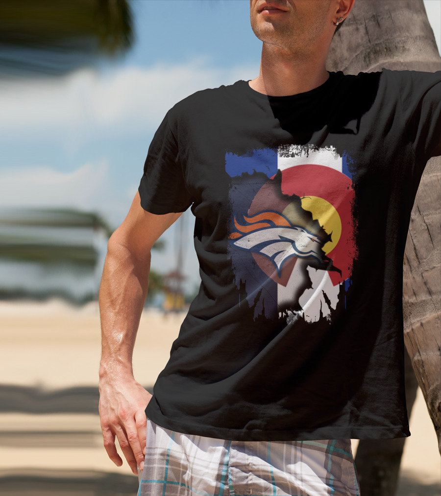 Colorado Flag With Broncos Logo Fusion T-Shirt