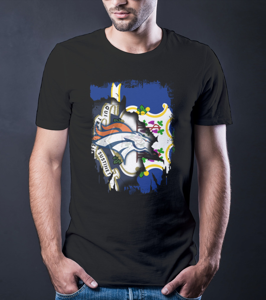 Connecticut And Broncos Logo Fusion With State Motto Motif T-Shirt