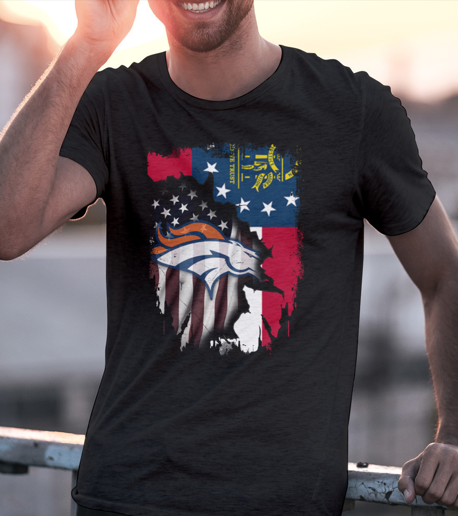 Georgia State With Denver Broncos Flag Fusion T-Shirt