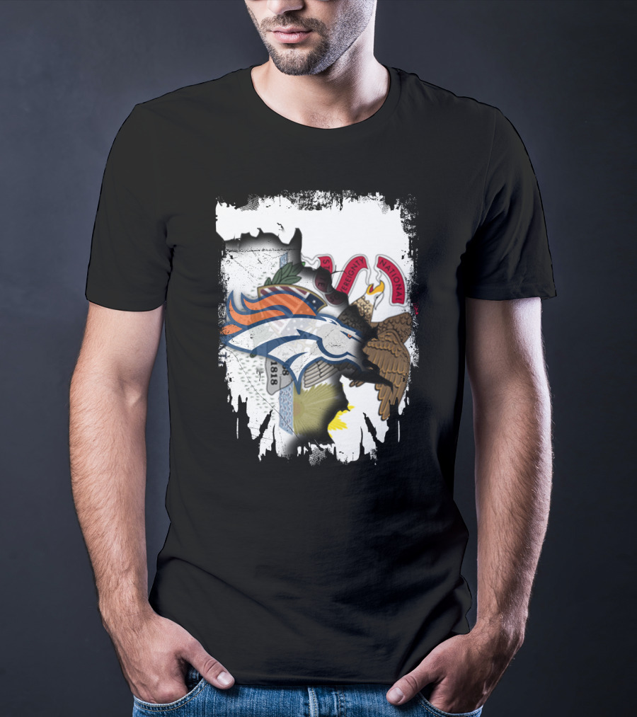 Illinois Flag Background With Denver Broncos Logo Collaboration T-Shirt