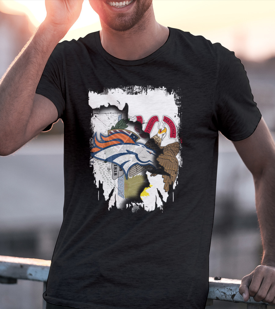 Illinois Flag Background With Denver Broncos Logo Collaboration T-Shirt