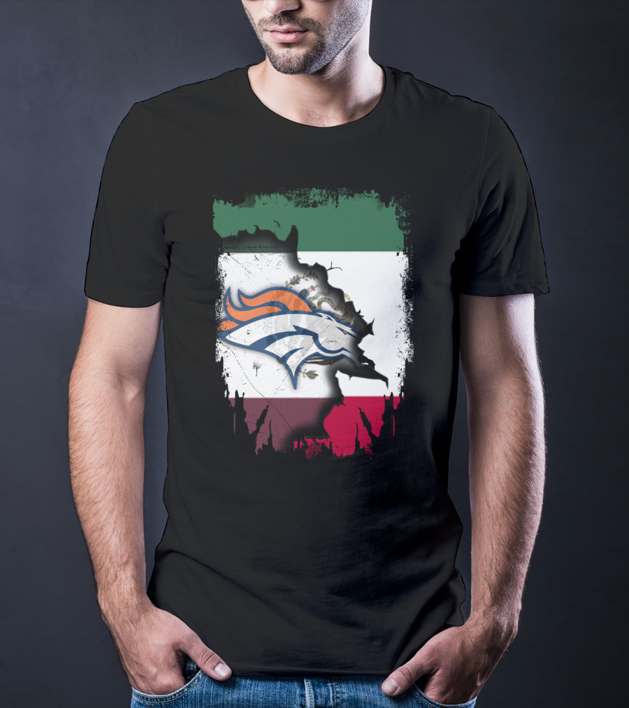 Mexico Flag With Broncos Logo Together T-Shirt