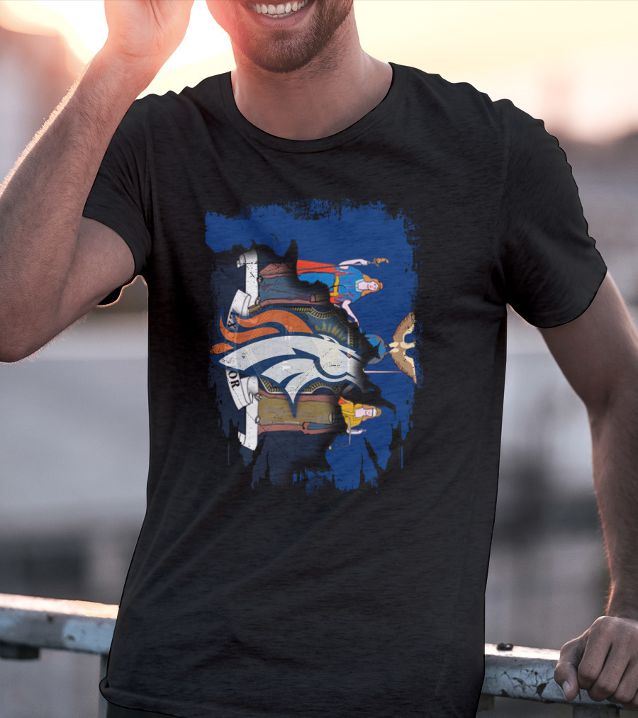 New York State Crest Overlaid With Broncos Logo Together T-Shirt