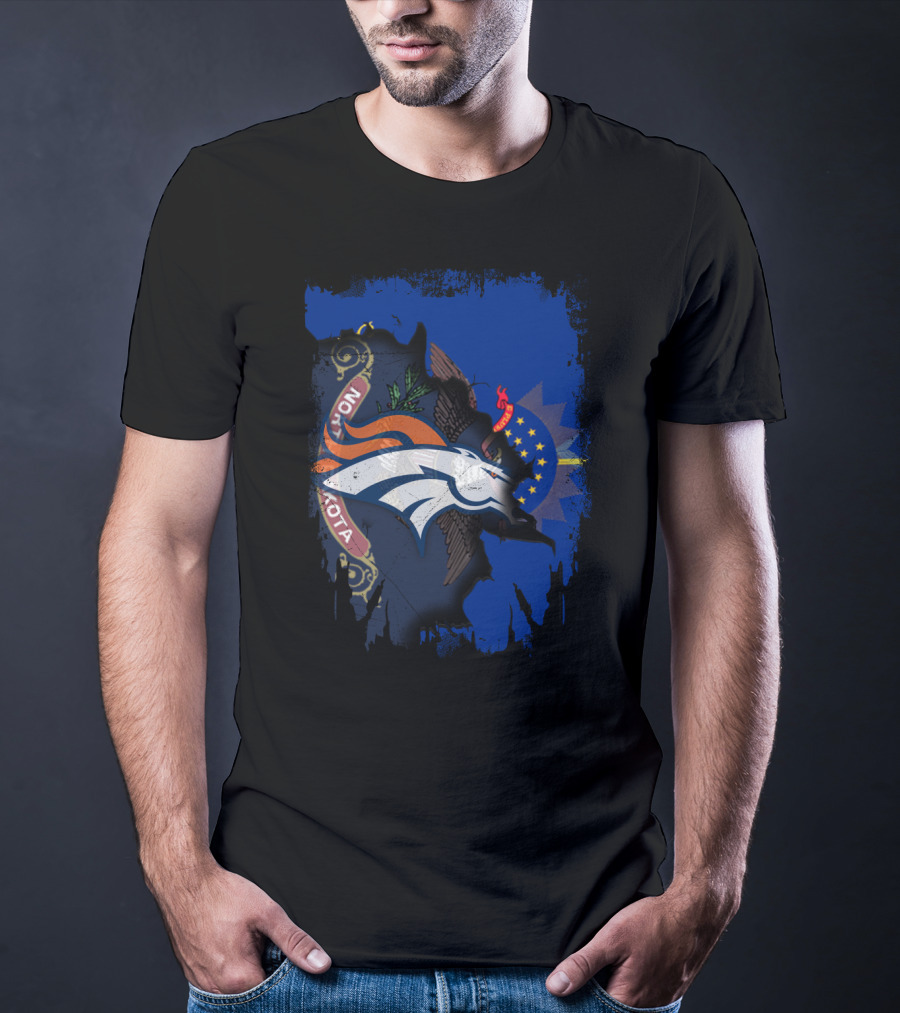 North Dakota State Flag Meets Denver Broncos Logo Fusion T-Shirt