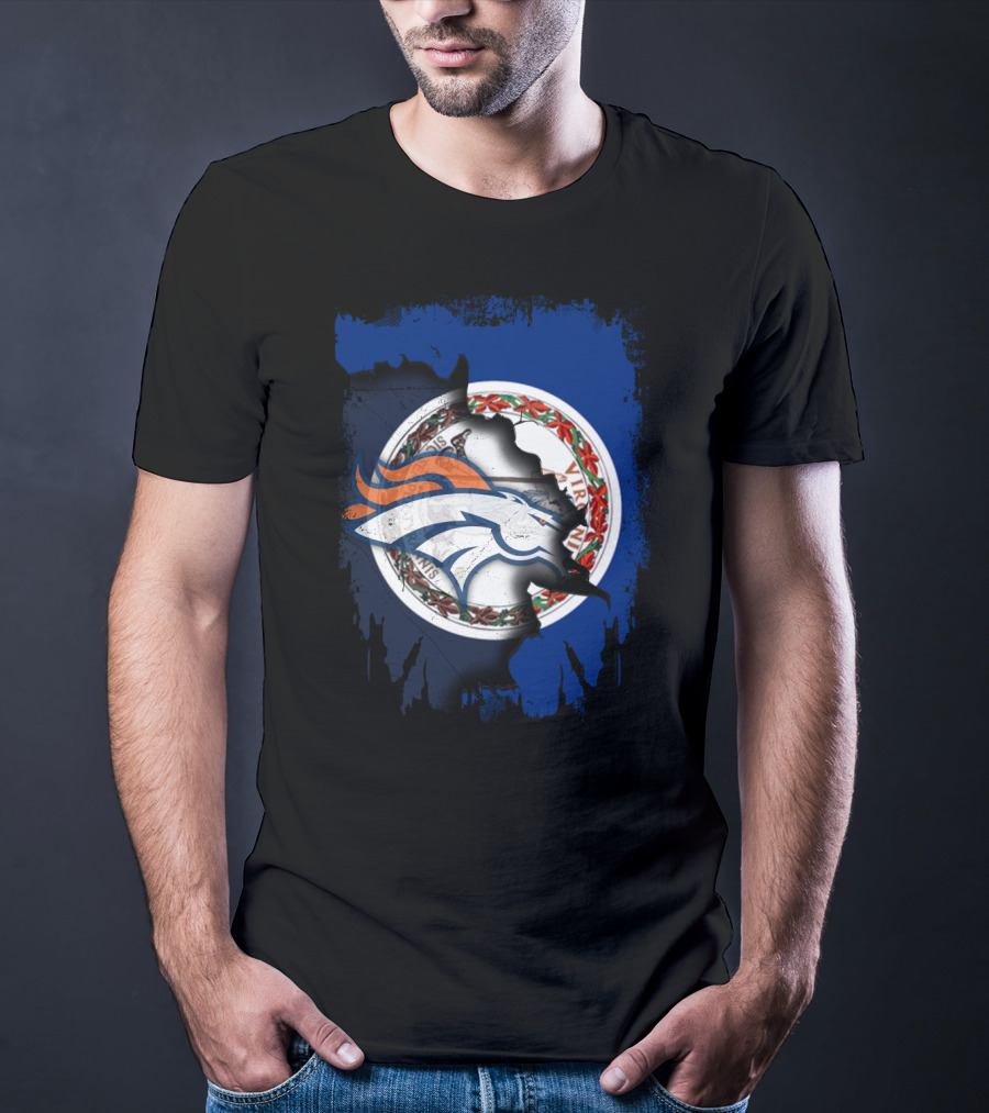 Together Virginia With Broncos Logo Over State Flag T-Shirt