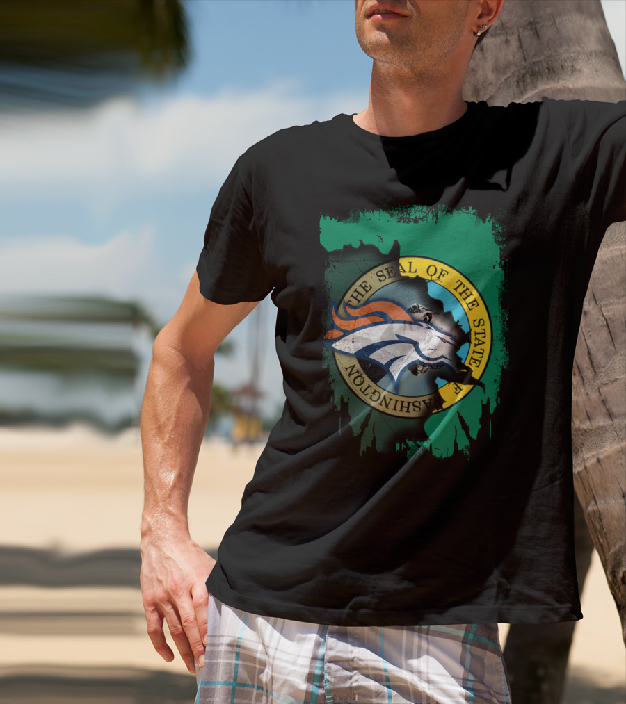 The Seal Of The State Of Washington With Broncos Logo Fusion T-Shirt