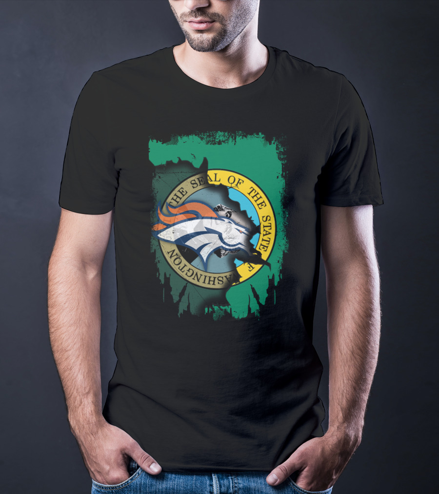 The Seal Of The State Of Washington With Broncos Logo Fusion T-Shirt