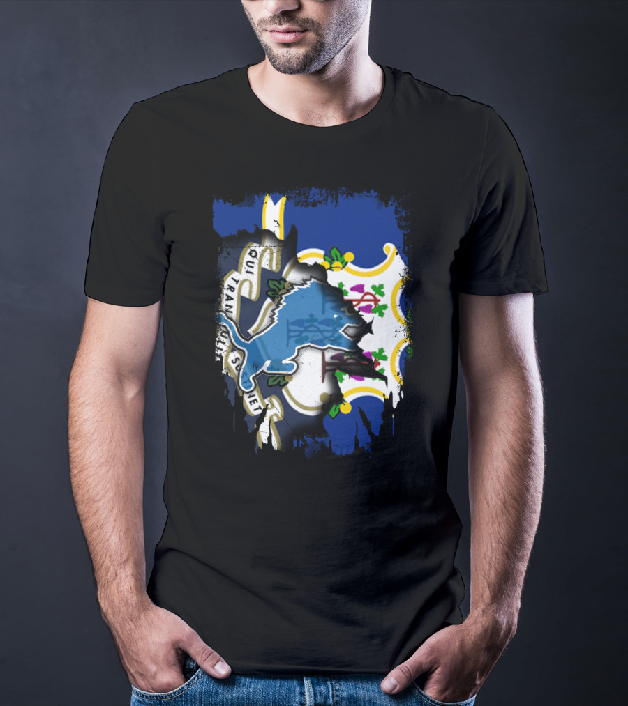 Connecticut State Flag With Detroit Lions Logo Fusion T-Shirt