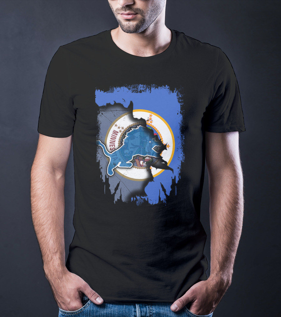 Minnesota State Flag With Detroit Lions Logo Together T-Shirt