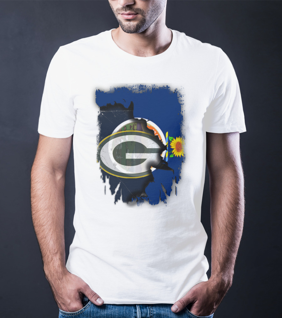 Kansas State Flag With Green Bay Packers Logo And Sunflower T-Shirt