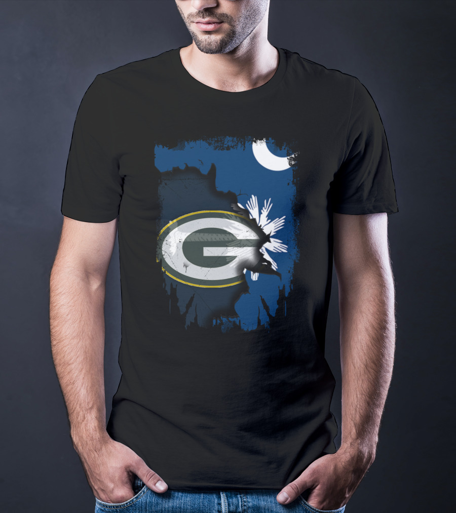 South Carolina And Packers Logo Blend With Crescent Moon And Palmetto Tree T-Shirt