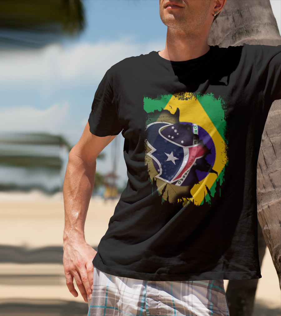 Brazilian Flag And Texans Logo Integration: Together Brazil With Texans T-Shirt
