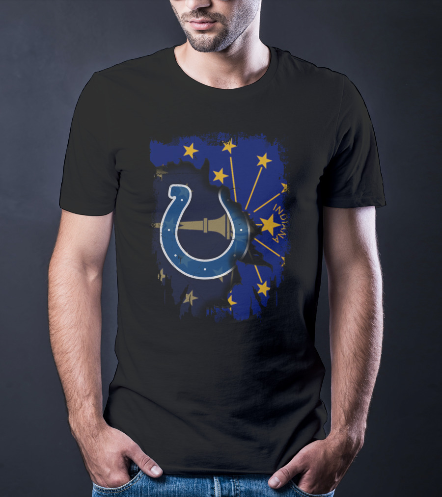 Indiana Flag Stars With Colts Horseshoe Logo On Together T-Shirt