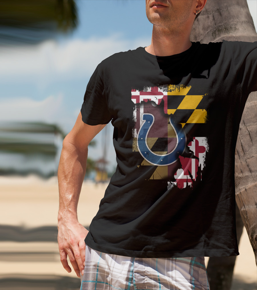 Maryland Flag With Colts Horseshoe NFL T-Shirt
