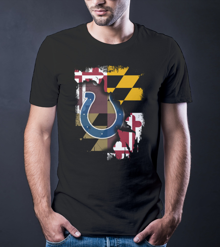 Maryland Flag With Colts Horseshoe NFL T-Shirt