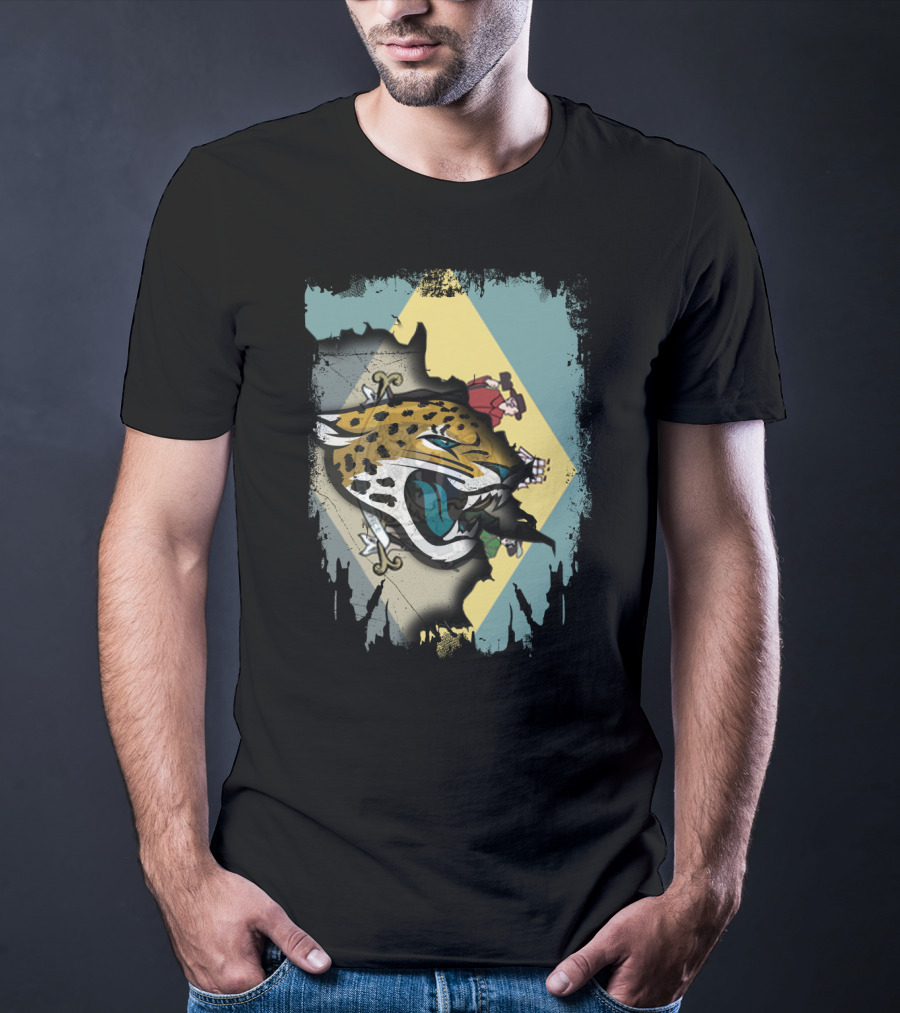 Delaware State Flag With Jacksonville Jaguars Logo Fusion T-Shirt