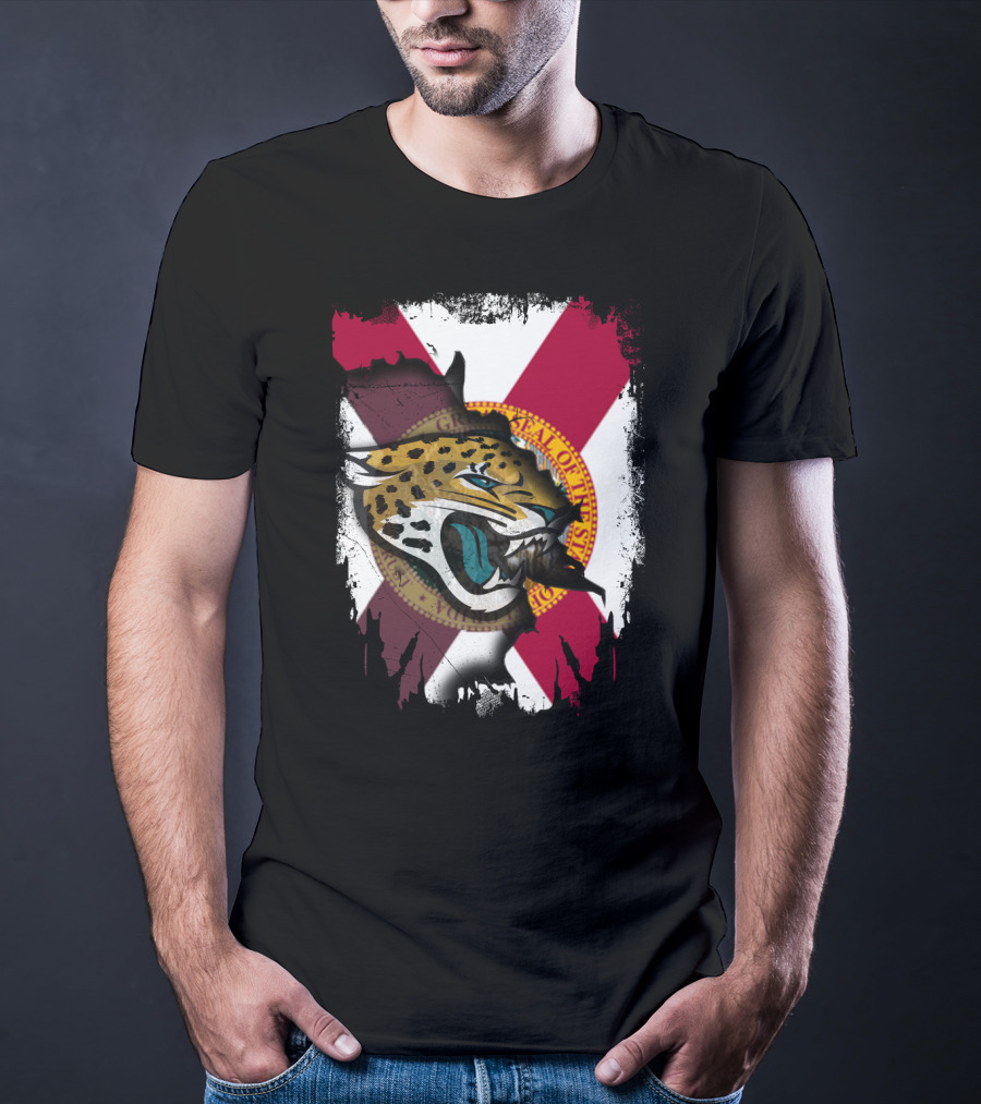 Florida State Flag With Jaguars Roaring Emblem Together T-Shirt