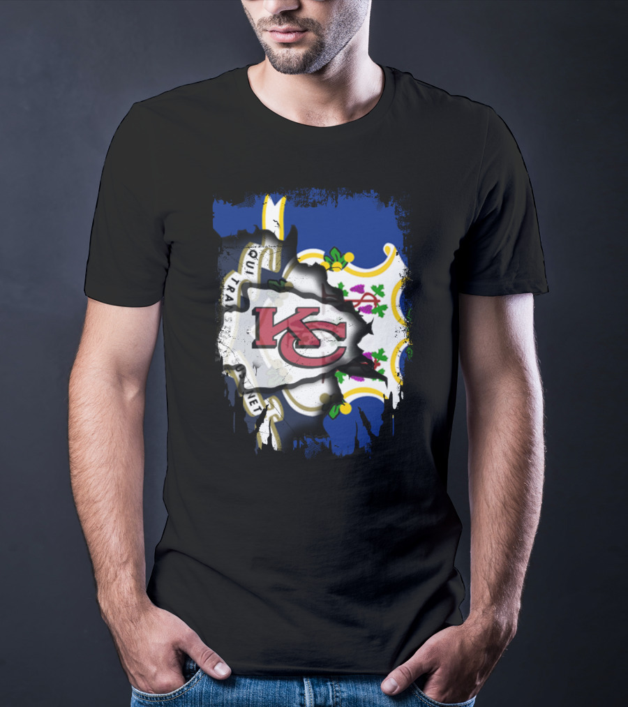 Connecticut State Flag With Kansas City Chiefs Logo Fusion T-Shirt