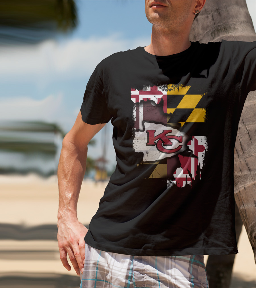 Maryland Flag With KC Chiefs Logo Background T-Shirt