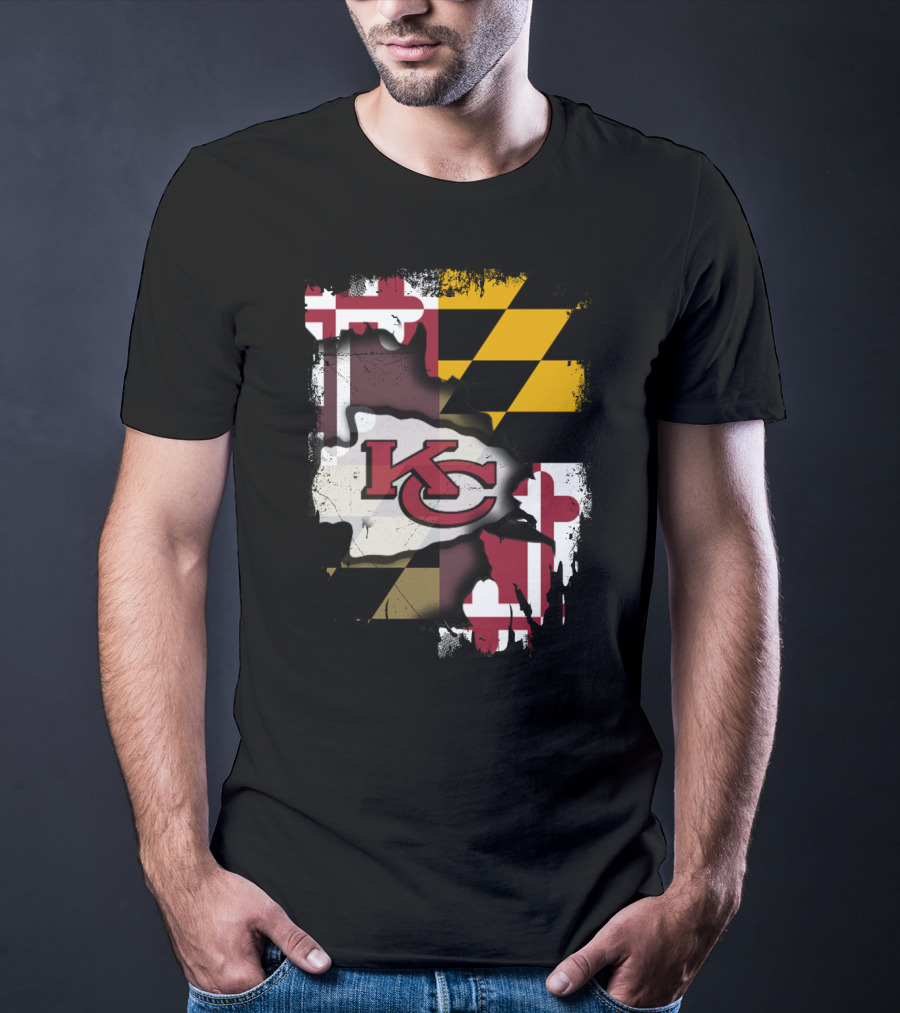 Maryland Flag With KC Chiefs Logo Background T-Shirt