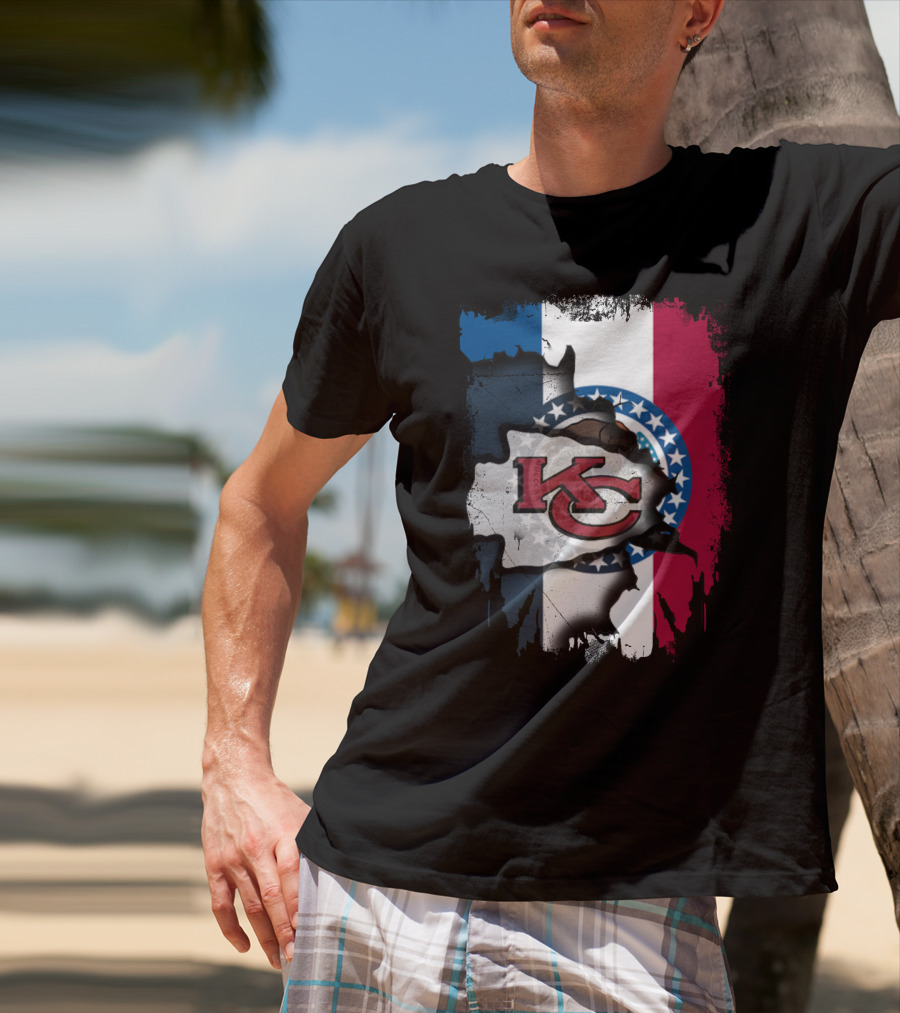 KC Chiefs Logo On Torn Missouri Flag Design Together T-Shirt