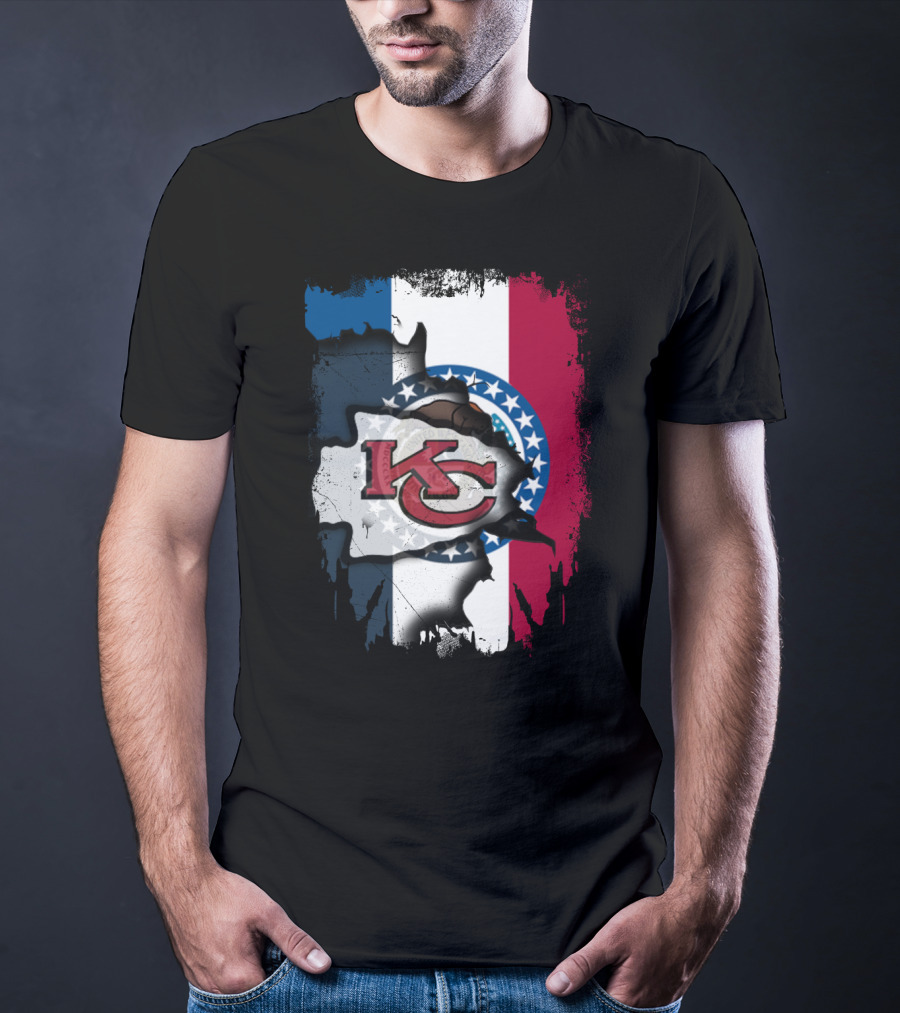 KC Chiefs Logo On Torn Missouri Flag Design Together T-Shirt