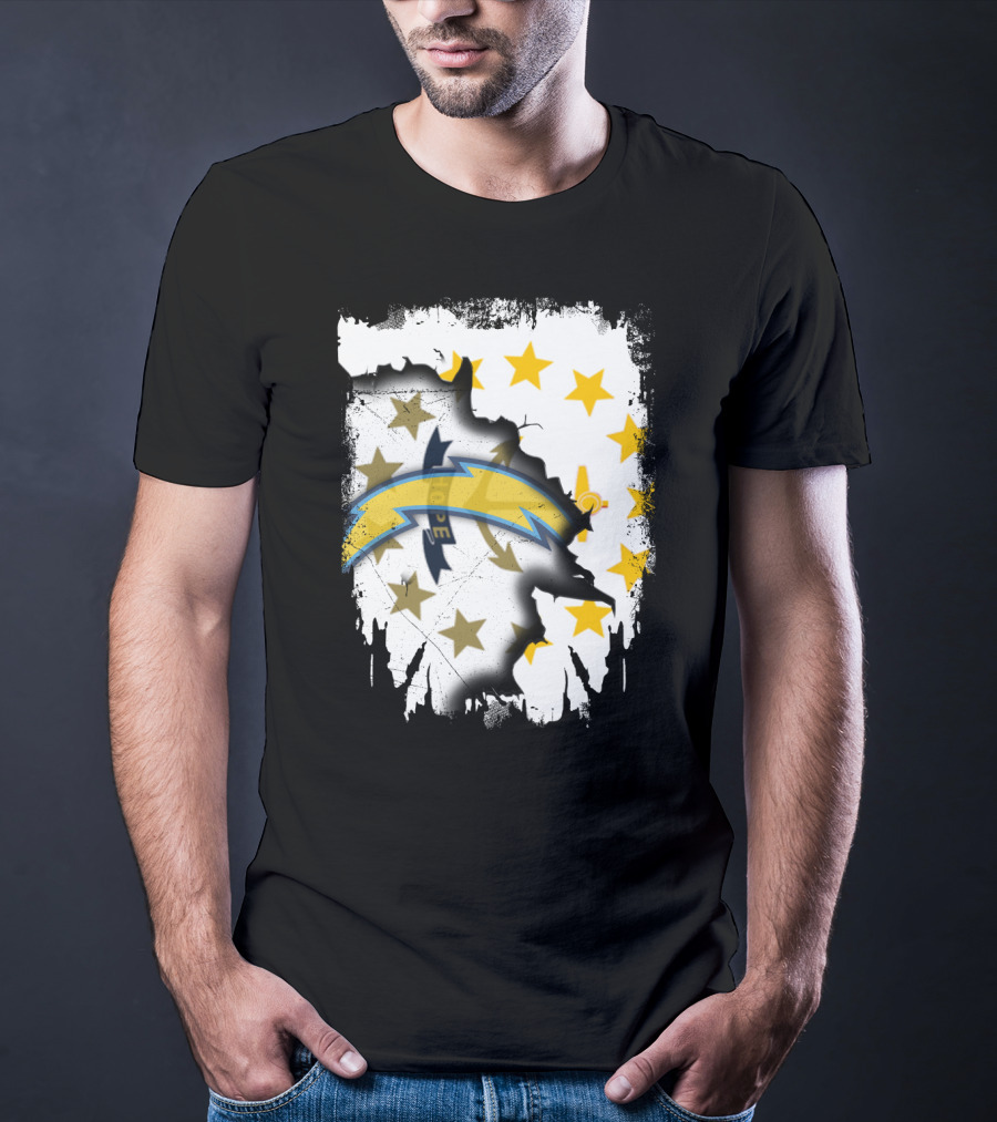 Rhode Island Map With Chargers Logo And Stars T-Shirt
