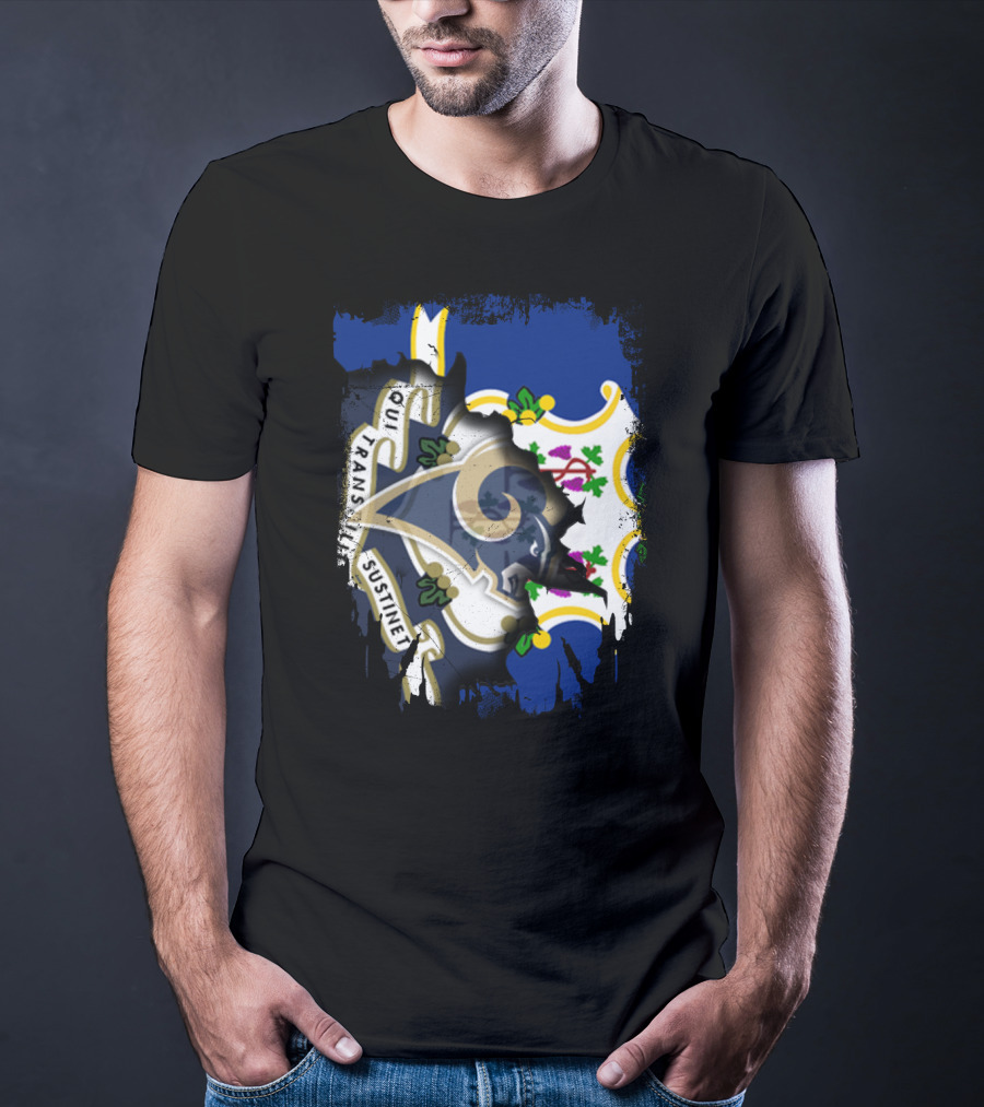 Connecticut Flag And Rams Logo Overlap Qui Transtulit Sustinet T-Shirt