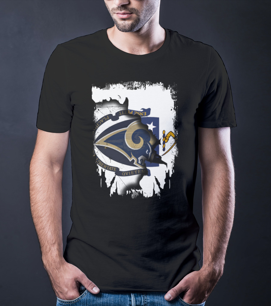 Massachusetts Together With Rams Logo Inside Torn Flag T-Shirt