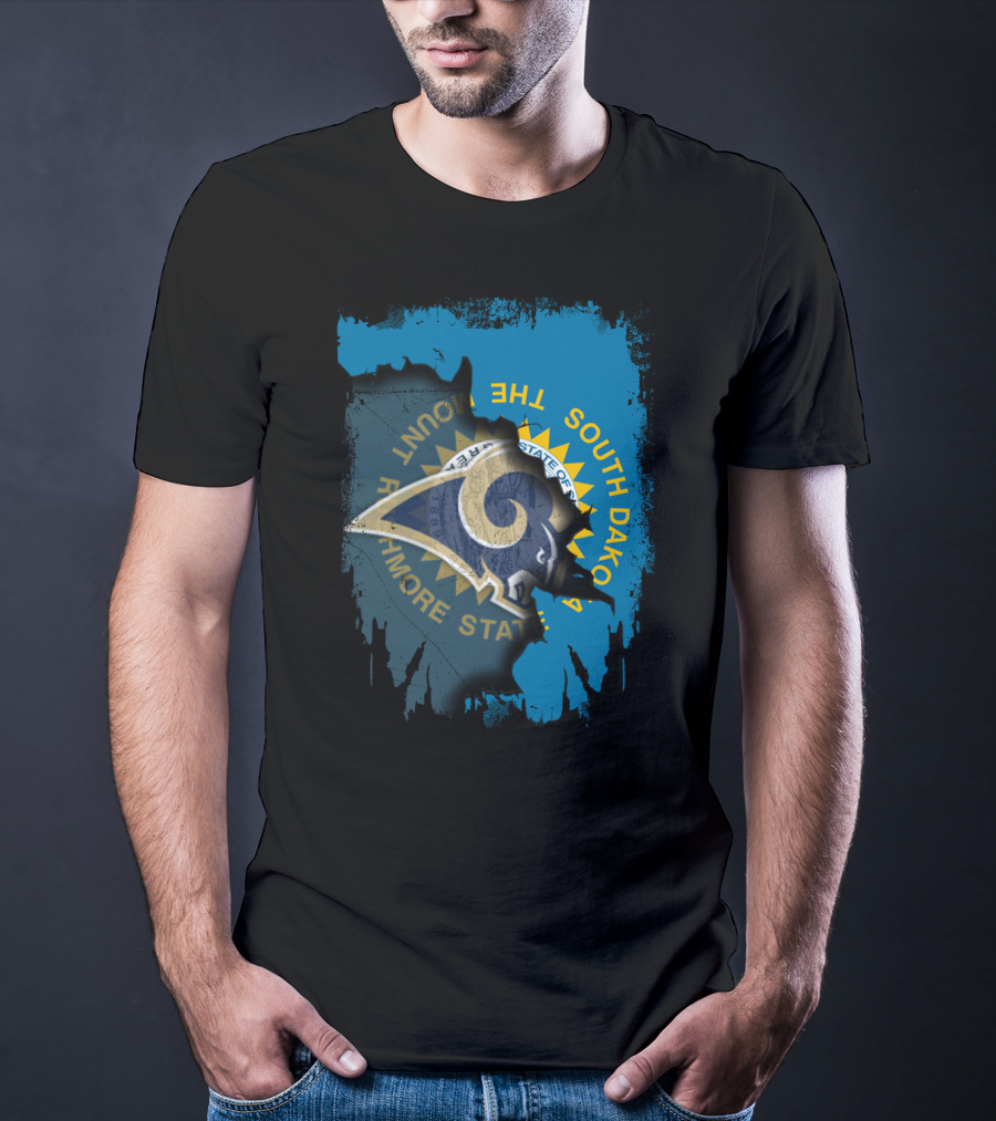 South Dakota State Outline With Rams And Mount Rushmore State Text T-Shirt