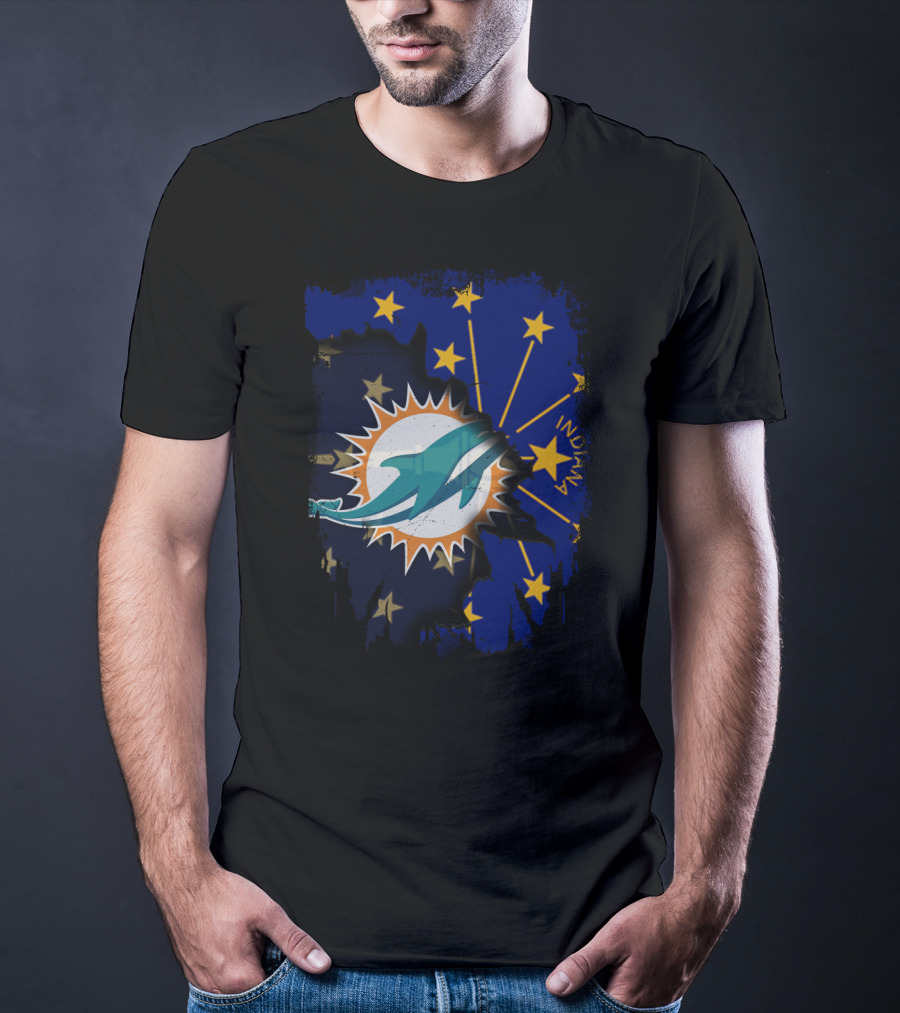 Indiana State Stars With Miami Dolphins Logo Fusion T-Shirt