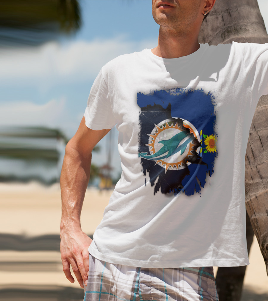 Kansas Flag With Miami Dolphins Logo And Sunflower T-Shirt