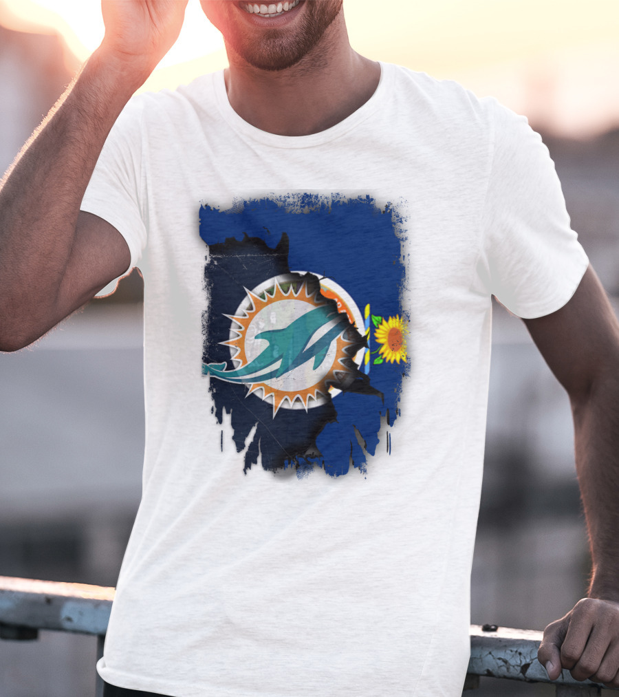 Kansas Flag With Miami Dolphins Logo And Sunflower T-Shirt