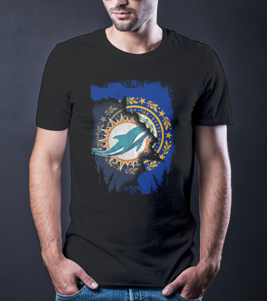 New Hampshire Background With Miami Dolphins Logo Symbolizing Unity T-Shirt