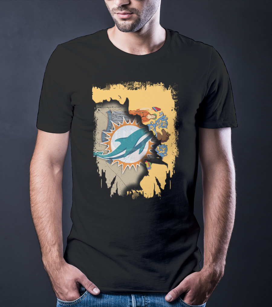 New Jersey Emblem With Miami Dolphins Logo Peeking Through T-Shirt